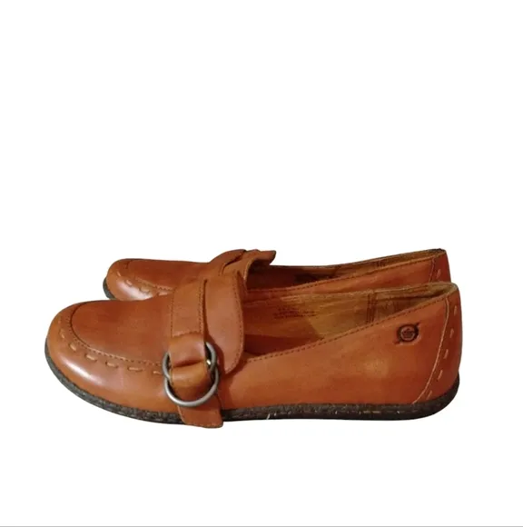 BORN Brown Leather Buckle Loafers Slip On Women's Flats Size 8