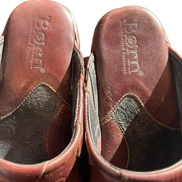 BORN Brown Leather Clogs/Slides with Design Top Size 10