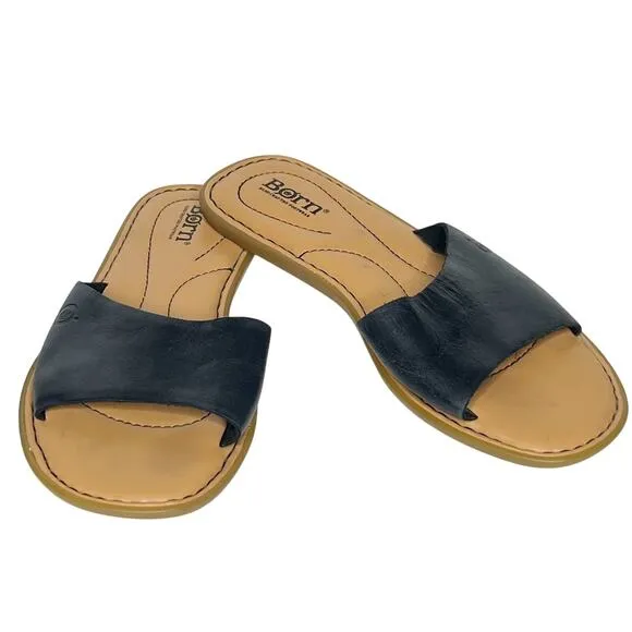BORN Izabel Slide Sandals Slip On Leather Lightweight Black Tan Womens Sz US 7