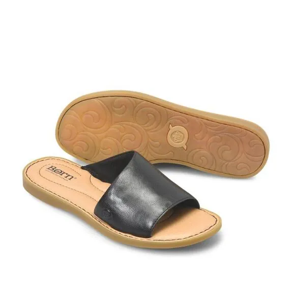 BORN Izabel Slide Sandals Slip On Leather Lightweight Black Tan Womens Sz US 7
