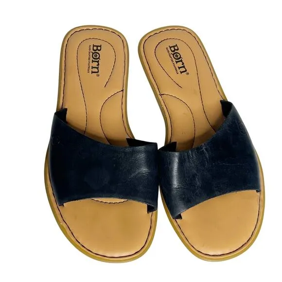 BORN Izabel Slide Sandals Slip On Leather Lightweight Black Tan Womens Sz US 7