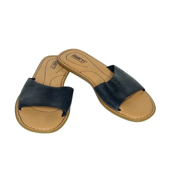 BORN Izabel Slide Sandals Slip On Leather Lightweight Black Tan Womens Sz US 7