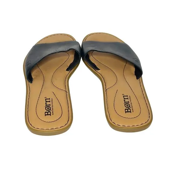 BORN Izabel Slide Sandals Slip On Leather Lightweight Black Tan Womens Sz US 7