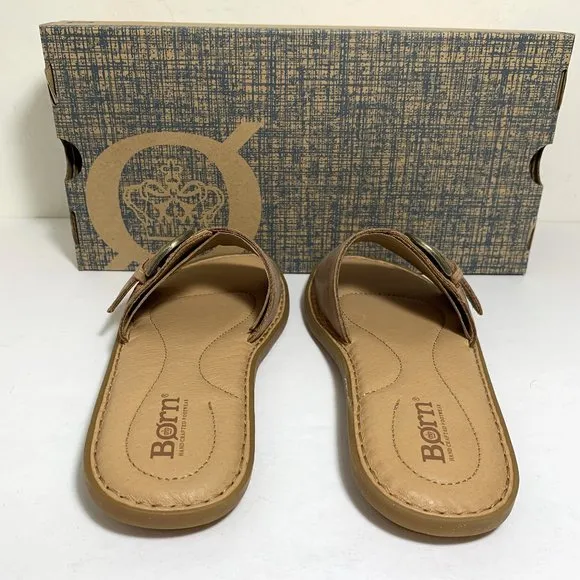 Born Miarra Sandals Leather Buckle Slip On Slides Flats Brown Size 6 NEW