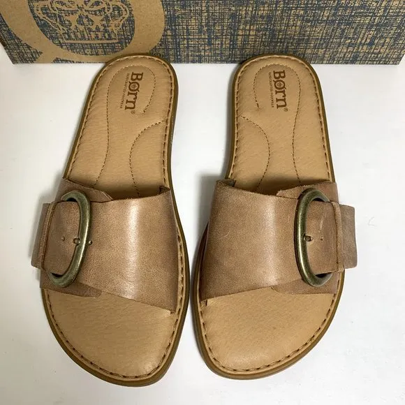 Born Miarra Sandals Leather Buckle Slip On Slides Flats Brown Size 6 NEW