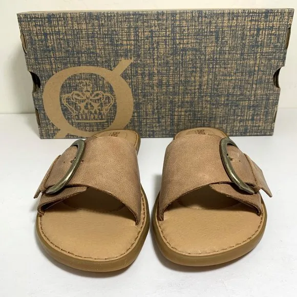 Born Miarra Sandals Leather Buckle Slip On Slides Flats Brown Size 6 NEW