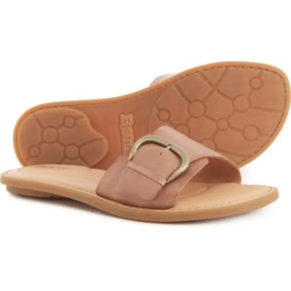 Born Miarra Sandals Leather Buckle Slip On Slides Flats Brown Size 6 NEW