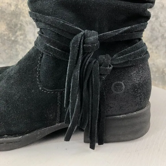 Born Women's Size 6.5M Cross Black Leather Fringe Side Zip Ankle Boots D70303