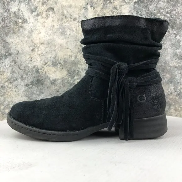 Born Women's Size 6.5M Cross Black Leather Fringe Side Zip Ankle Boots D70303
