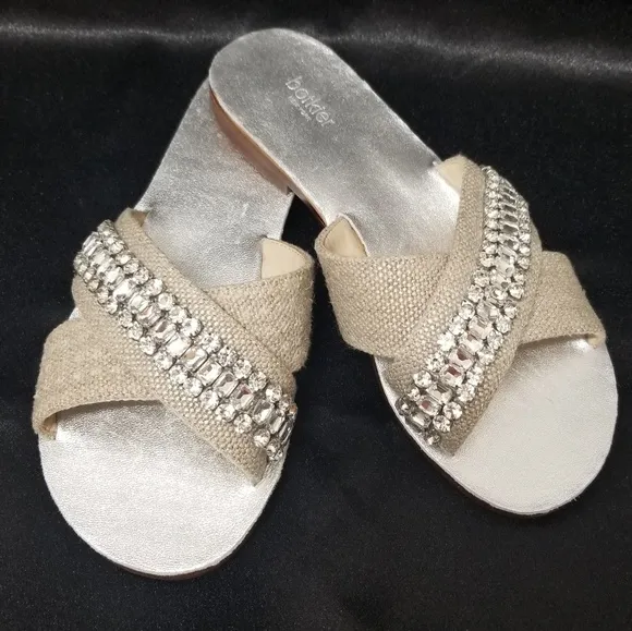 Botkier New York ALANA Linen &amp; Crystal Jeweled Slide Sandals NWT