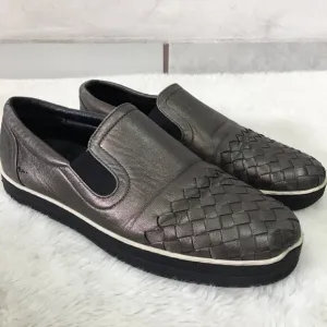 Bottega Veneta Women's Silver Pewter Intrecciato Slip On Sneakers Size 38 1/2