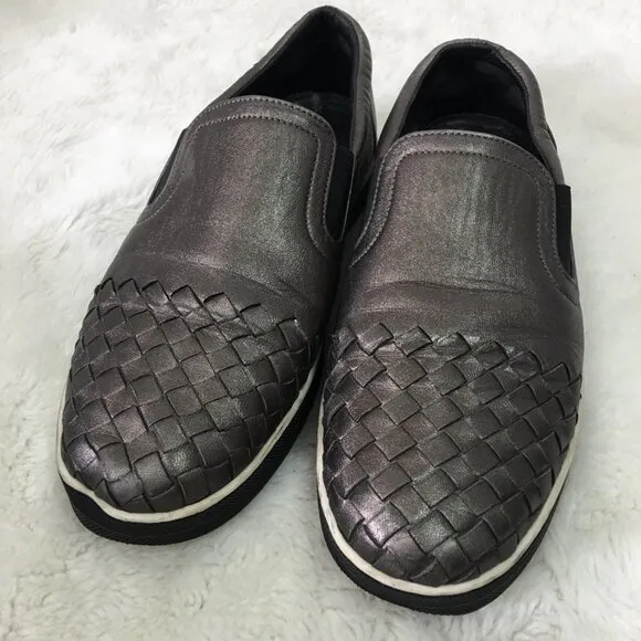 Bottega Veneta Women's Silver Pewter Intrecciato Slip On Sneakers Size 38 1/2