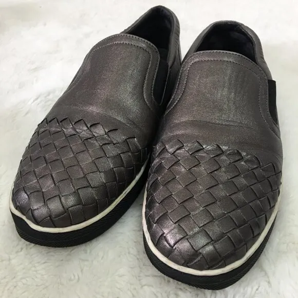 Bottega Veneta Women's Silver Pewter Intrecciato Slip On Sneakers Size 38 1/2