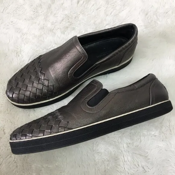 Bottega Veneta Women's Silver Pewter Intrecciato Slip On Sneakers Size 38 1/2
