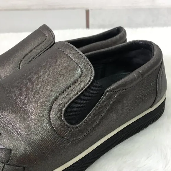 Bottega Veneta Women's Silver Pewter Intrecciato Slip On Sneakers Size 38 1/2