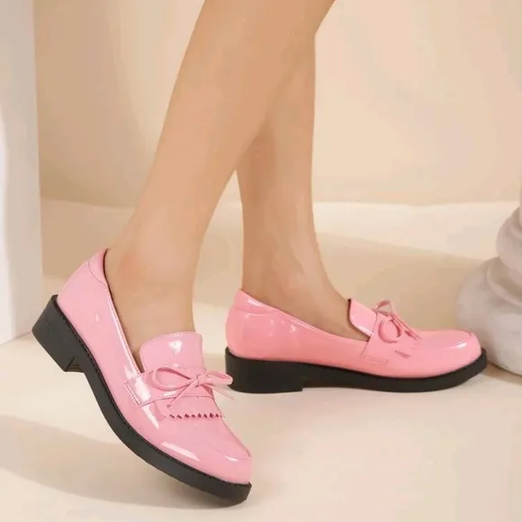 Bow Decor Fringe Trim Slip-On Flat Loafers, Pink Preppy Style Solid Color Loafer