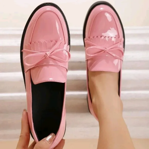 Bow Decor Fringe Trim Slip-On Flat Loafers, Pink Preppy Style Solid Color Loafer
