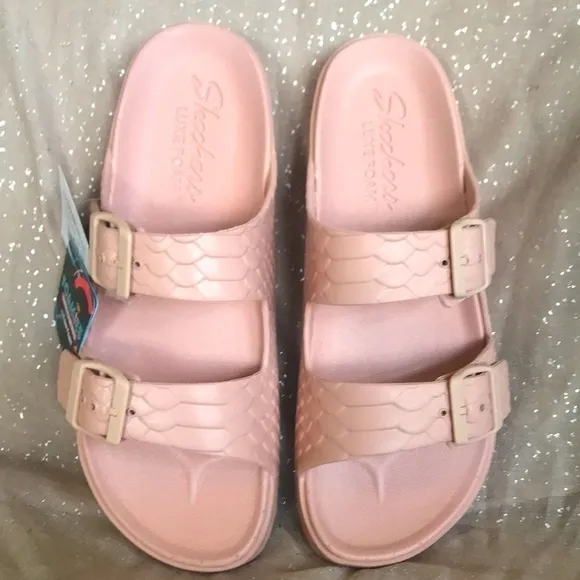 Brand New Skechers Foamies Luxe Foam Double Strap Buckled Blush Slides Sandals
