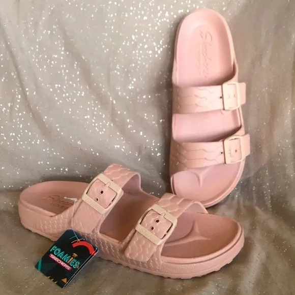 Brand New Skechers Foamies Luxe Foam Double Strap Buckled Blush Slides Sandals