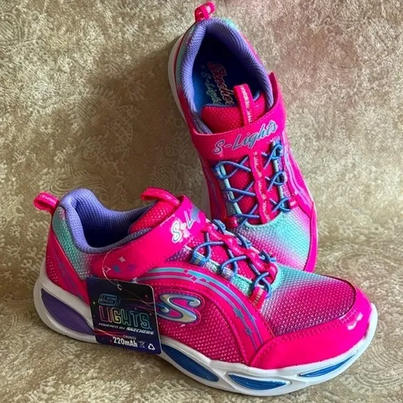 Brand New Skechers S-Lights Powered Girls Slip On Hot Pink Shimmer Sneakers