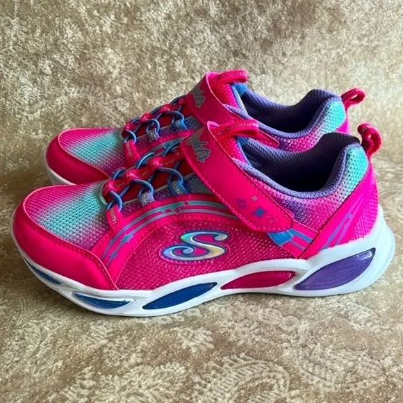 Brand New Skechers S-Lights Powered Girls Slip On Hot Pink Shimmer Sneakers