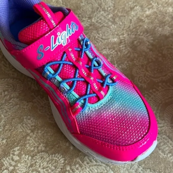 Brand New Skechers S-Lights Powered Girls Slip On Hot Pink Shimmer Sneakers