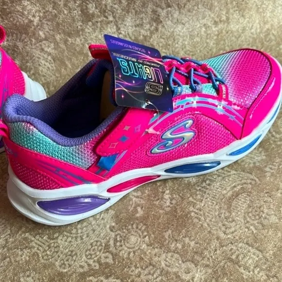 Brand New Skechers S-Lights Powered Girls Slip On Hot Pink Shimmer Sneakers