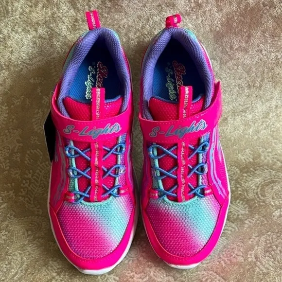 Brand New Skechers S-Lights Powered Girls Slip On Hot Pink Shimmer Sneakers