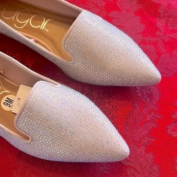 Brand New Sugar Iridescent Beaded Pointed Toe Slip On Flats Dressy Loafers