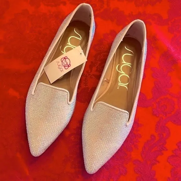 Brand New Sugar Iridescent Beaded Pointed Toe Slip On Flats Dressy Loafers