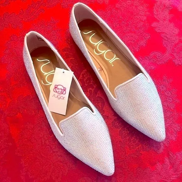 Brand New Sugar Iridescent Beaded Pointed Toe Slip On Flats Dressy Loafers