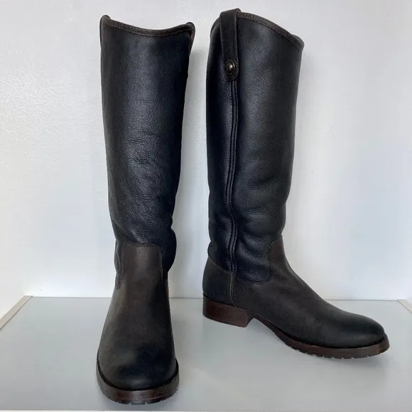 Brown FRYE Melissa Button Shearling Lined Leather Boots 6.5
