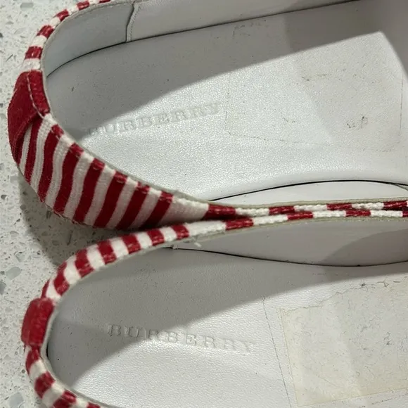 Burberry Kids Red and White Striped Slip On Espadrilles with Burberry Logo - 34