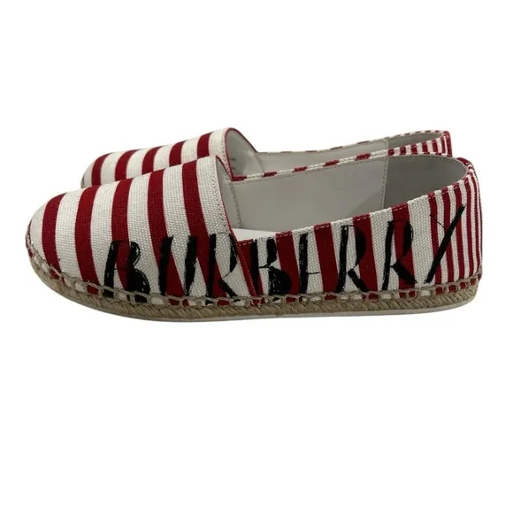 Burberry Kids Red and White Striped Slip On Espadrilles with Burberry Logo - 34