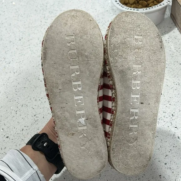 Burberry Kids Red and White Striped Slip On Espadrilles with Burberry Logo - 34