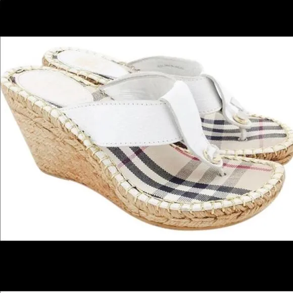 Burberry Nova Check White Wedge Espadrilles Size 7