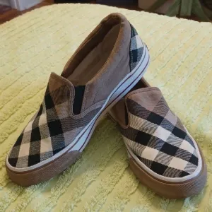 Burberry, Sz 8 Plaid Slip-On Sneakers In Black Cream And Tan.  Like New Conditio