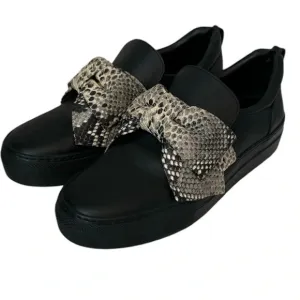 BUSCEMI Leather Slip-On Snakeskin Bow Sneakers Black Women’s 8.5