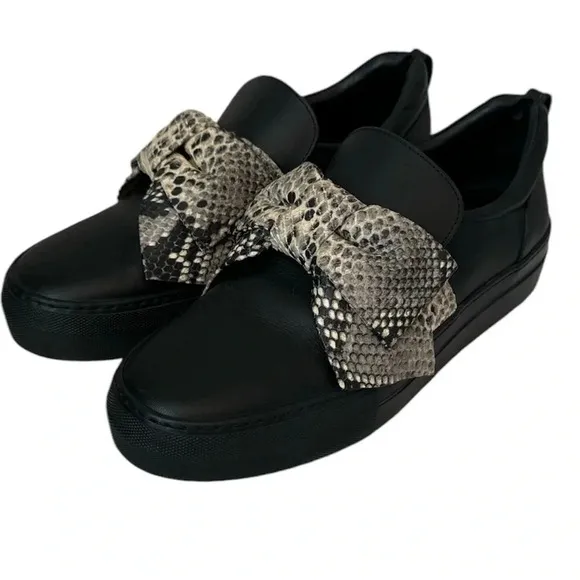 BUSCEMI Leather Slip-On Snakeskin Bow Sneakers Black Women’s 8.5