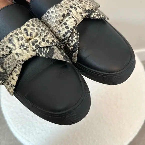 BUSCEMI Leather Slip-On Snakeskin Bow Sneakers Black Women’s 8.5
