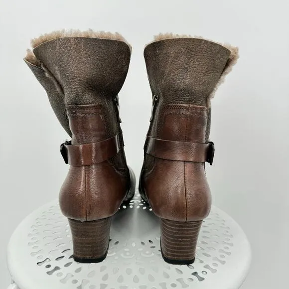 Bussola Barbados brown leather zip harness fur lined low heel ankle boots 37 NEW