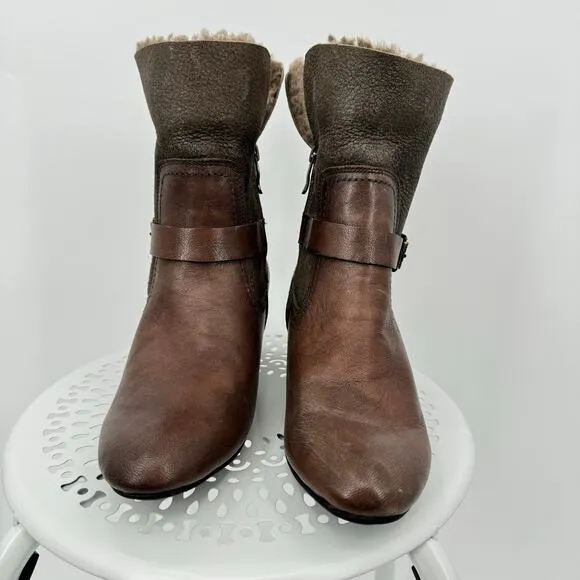 Bussola Barbados brown leather zip harness fur lined low heel ankle boots 37 NEW