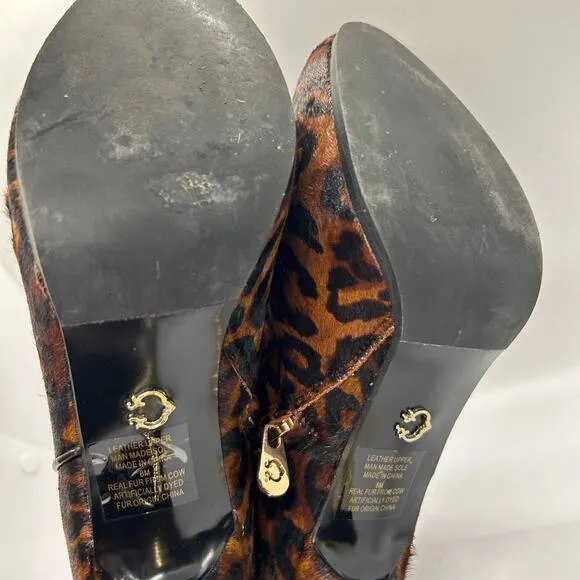 C Wonder Gold Stiletto Leather Boots Size 8 M Leopard Print Cow Fur
