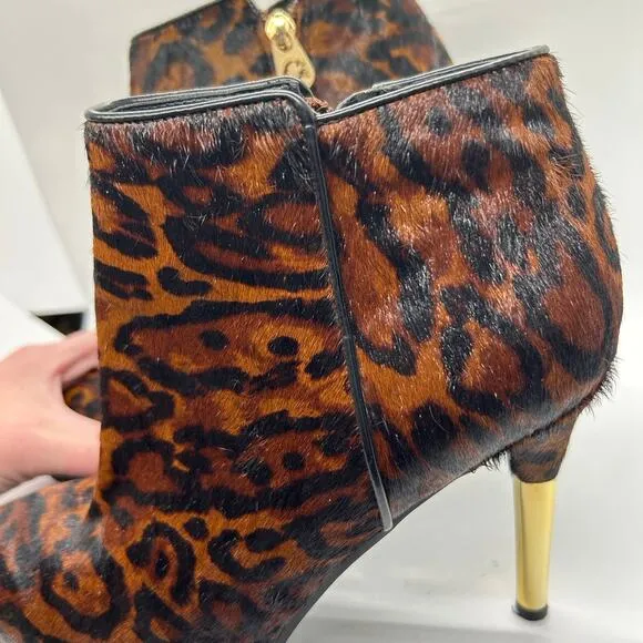 C Wonder Gold Stiletto Leather Boots Size 8 M Leopard Print Cow Fur