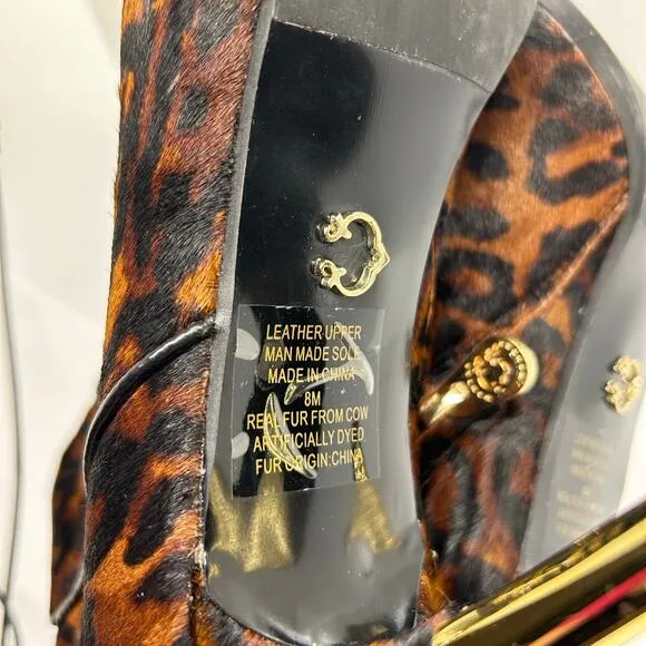 C Wonder Gold Stiletto Leather Boots Size 8 M Leopard Print Cow Fur
