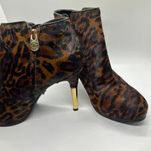 C Wonder Gold Stiletto Leather Boots Size 8 M Leopard Print Cow Fur