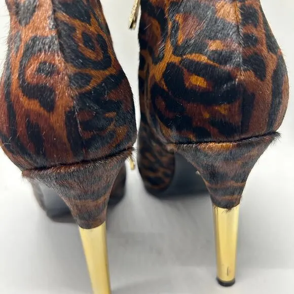 C Wonder Gold Stiletto Leather Boots Size 8 M Leopard Print Cow Fur