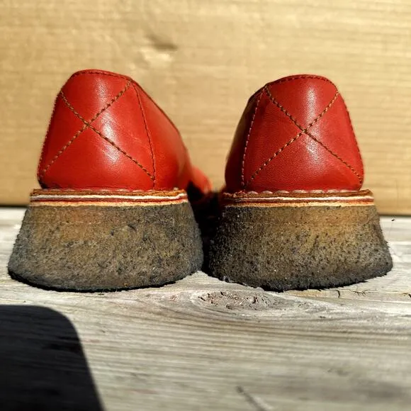 Camper Leather Loafers Slip-On Embroidered Casual Shoes Heeled Red 9.5