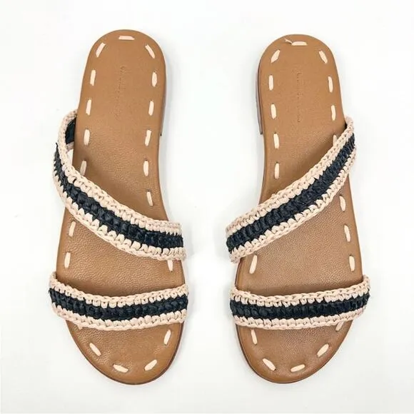 Carrie Forbes Women's Raffia Asymmetrical Slides in Natural/Noir Open Toe 37