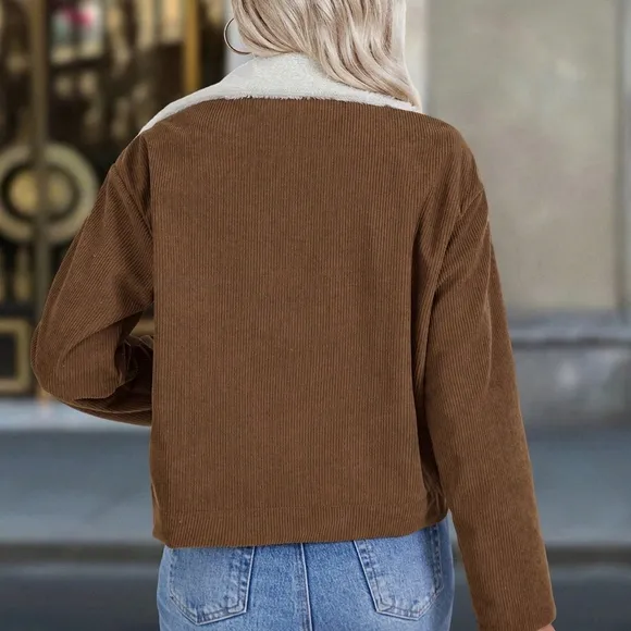 Casual Color Block Faux Fur Collar Fleece Lined Jacket, Autumn/Winter